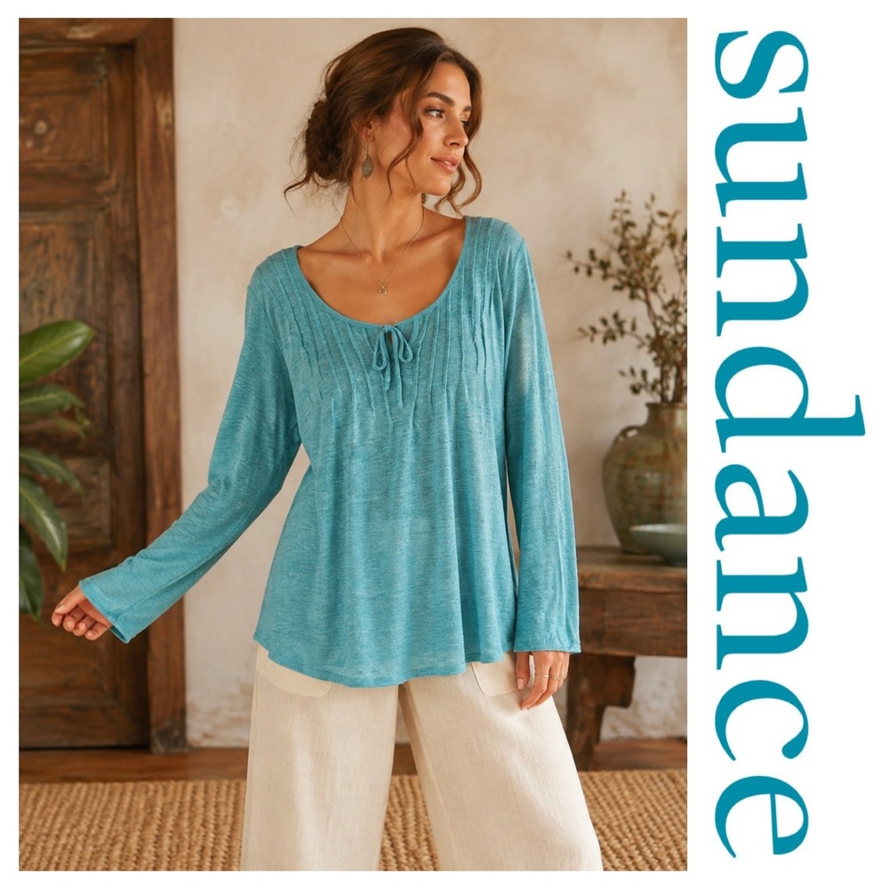 Sundance Teal Blue 100% Linen Pintuck Lagenlook Long Sleeve Boho Tunic Top M